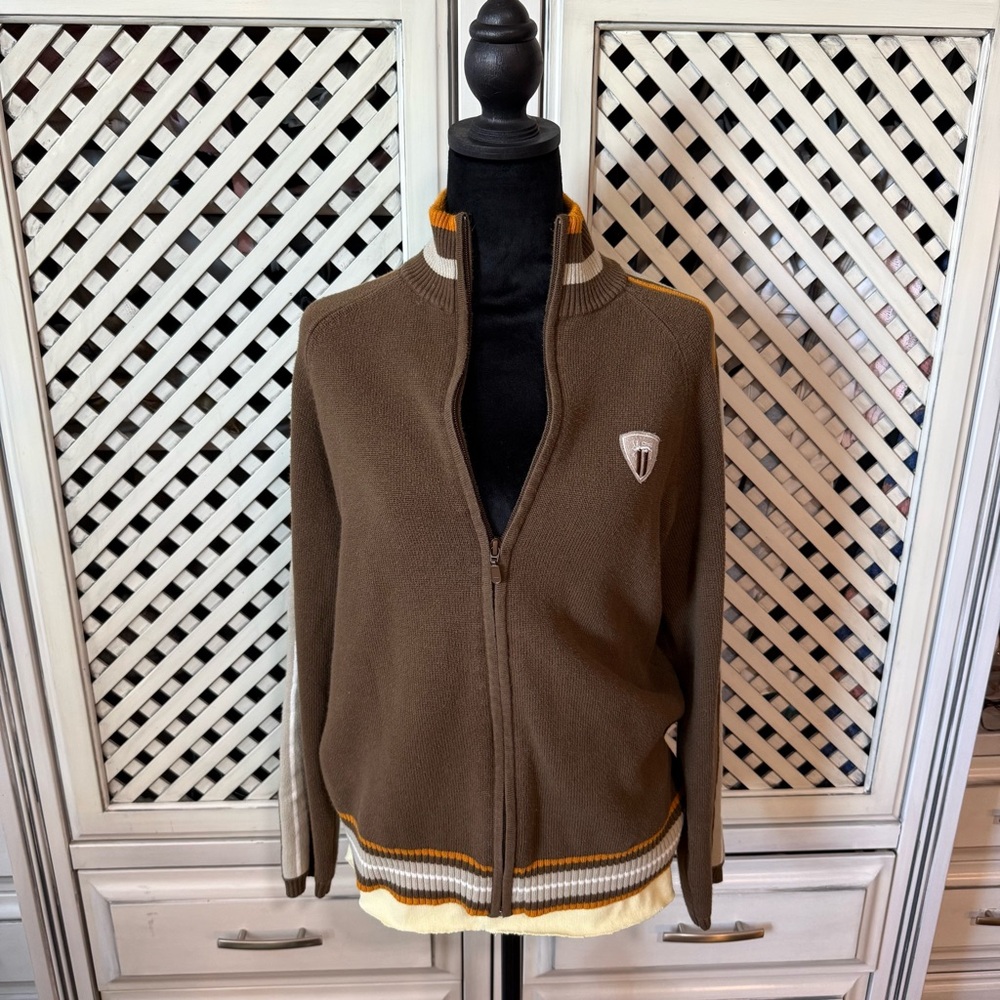 Vintage Mossimo Brown and Yellow Zip-Up Sweater